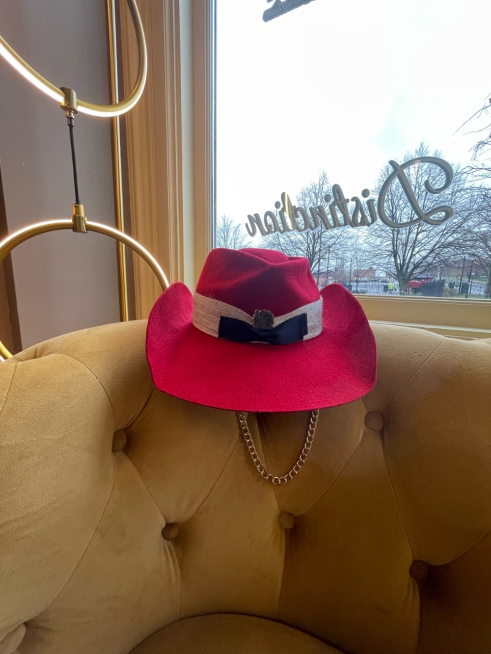 Red Felt Western Hat with Gold Finish Neck Chain